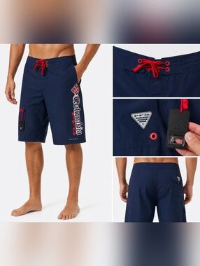 Columbia PFG Board Shorts Mens 34 Navy Omni-Shield Fishing Swim Trunks Bottle.